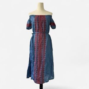 Madewell Blue and Red Off-Shoulder Midi Dress